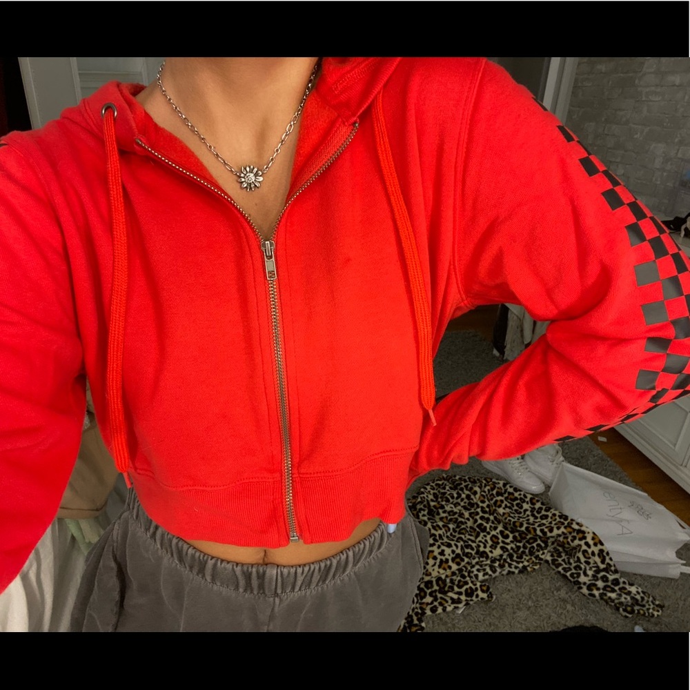 Red Cropped Zip Up with Checkered Sleeves